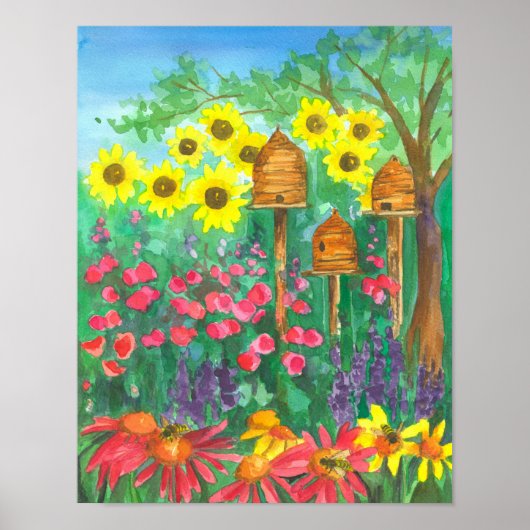 Waterverf van bijenkep Coneflower Garden Sunflower Poster (Voorkant)