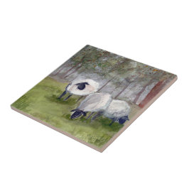 Waterverf van bijtende schapen tegeltje