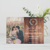 Waterverf van bijtschors laat monogram foto save the date (Staand voorkant)