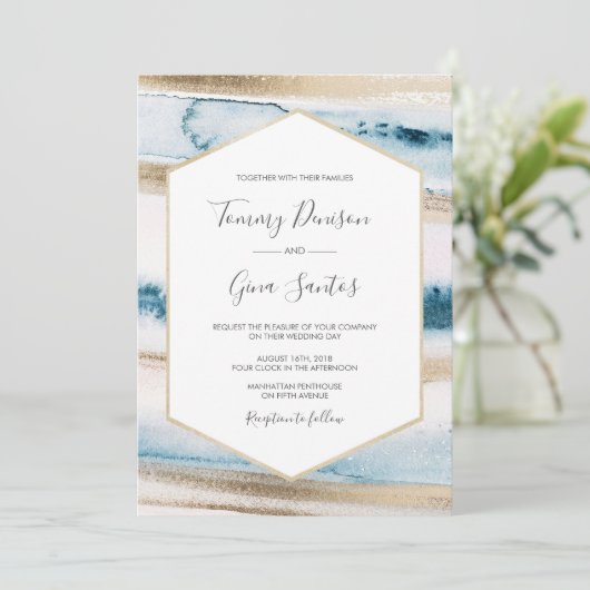 Waterverf van blauwe en gouden verf kaart (Staand voorkant)