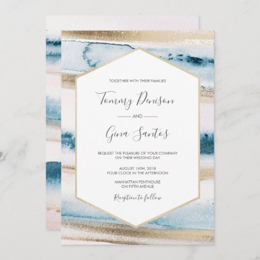 Waterverf van blauwe en gouden verf kaart (Voorkant / Achterkant)