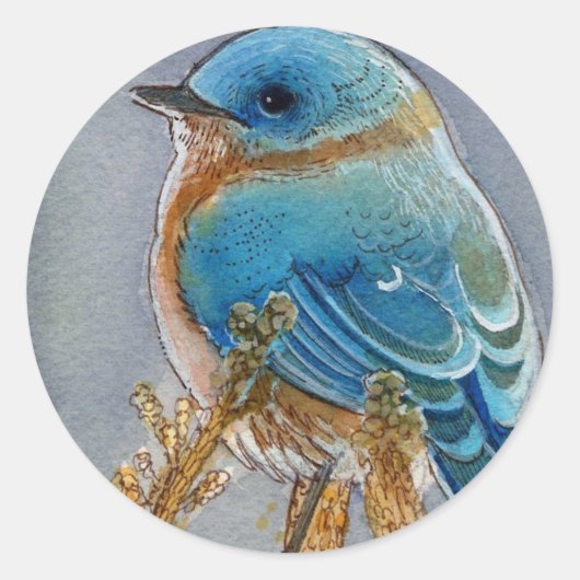 Waterverf van blauwvogel ronde sticker (Voorkant)