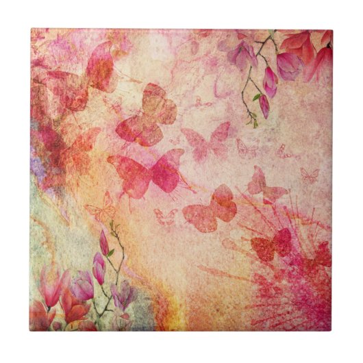 Waterverf van bloemen en vlinders, van keramische  tegeltje (Voorkant)