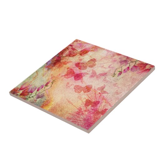 Waterverf van bloemen en vlinders, van keramische  tegeltje (Zijkant)