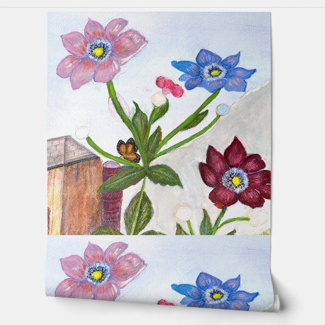 Waterverf van bloemen met een vlinder rust behang (Afrollen)