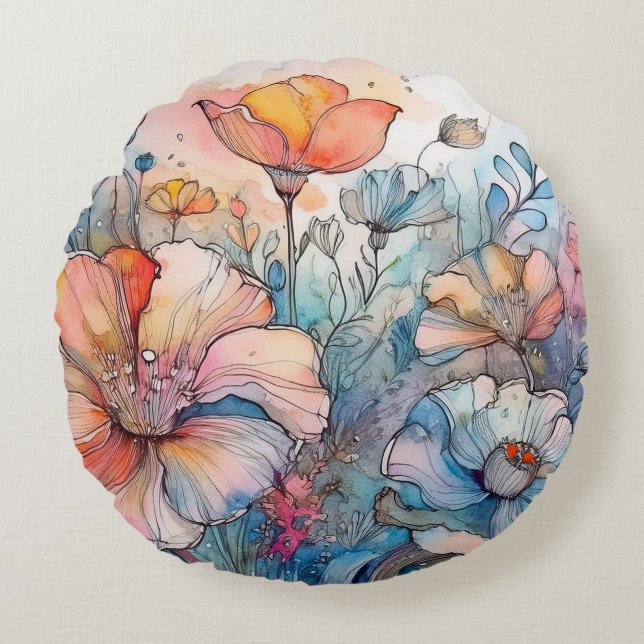 Waterverf van bloemenpatroon rond kussen (Voorkant)