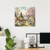 Waterverf van bloementuin met magnolia's Poster (Thuiskantoor)