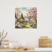 Waterverf van bloementuin met magnolia's Poster (Keuken)