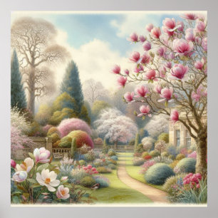  Waterverf van bloementuin met magnolia's Poster