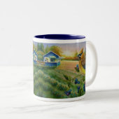 Waterverf van Boerderij met cedar Waxing Bird Tweekleurige Koffiemok (Voorkant rechts)