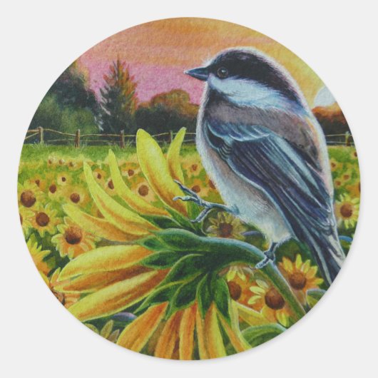 Waterverf van Boerderij van  van  van zonnebloemen Ronde Sticker (Voorkant)