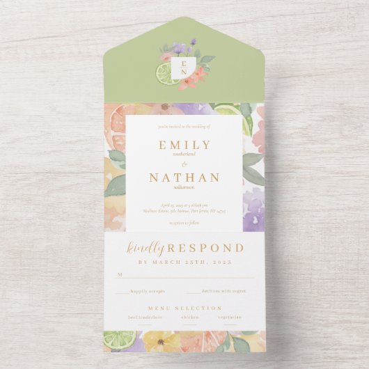 Waterverf van bont- en fruitbont all in one uitnodiging (Binnen)