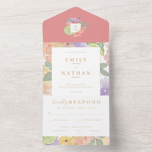 Waterverf van bont- en fruitbont all in one uitnodiging (Binnen)