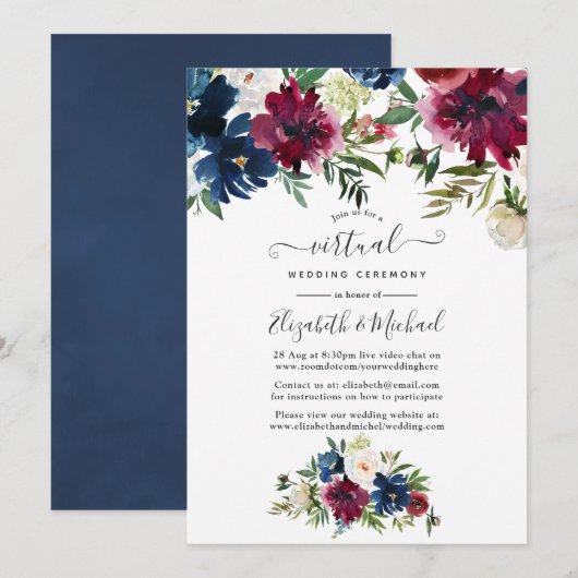 Waterverf van Bordo en marine - Floral Virtual Wed Kaart (Voorkant / Achterkant)