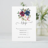 Waterverf van Bordo en Navy Floral RSVP Kaartje (Staand voorkant)
