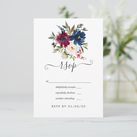 Waterverf van Bordo en Navy Floral RSVP Kaartje (Staand voorkant)