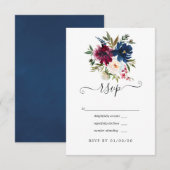 Waterverf van Bordo en Navy Floral RSVP Kaartje (Voorkant / Achterkant)