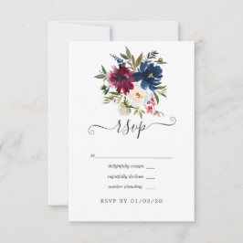 Waterverf van Bordo en Navy Floral RSVP Kaartje