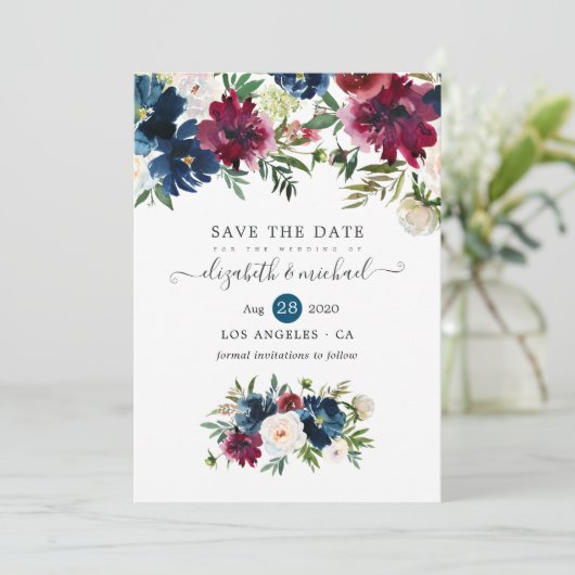 Waterverf van Bordo en Navy Floral Save The Date (Staand voorkant)