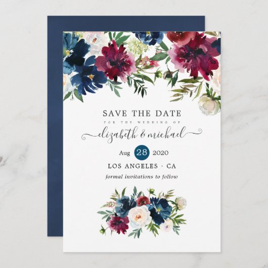 Waterverf van Bordo en Navy Floral Save The Date (Voorkant / Achterkant)