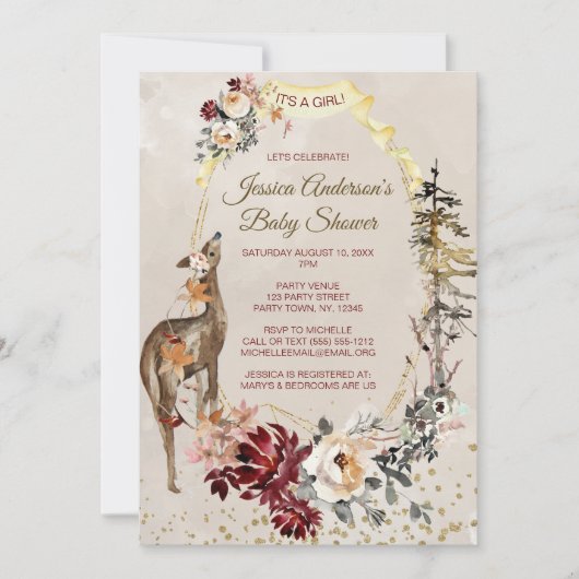 Waterverf van bosland Floral Girl Baby shower Kaart (Voorkant)