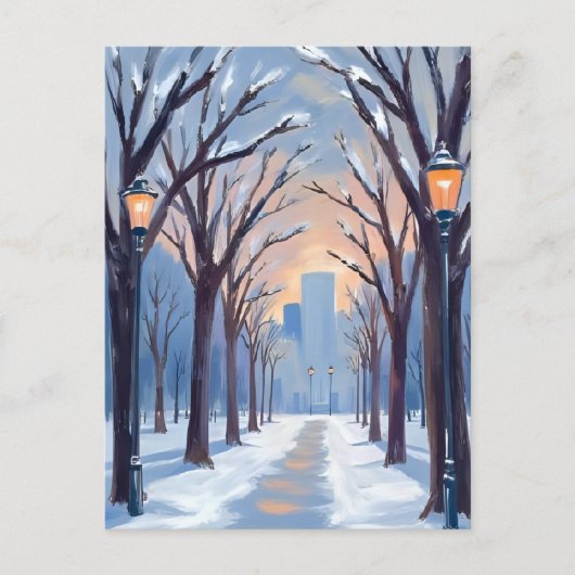 Waterverf van Boston Common Winter Snowfall Briefkaart (Voorkant)