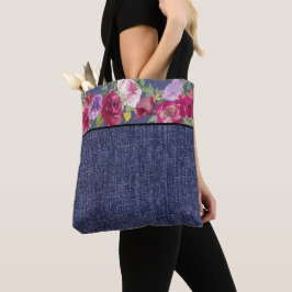 Waterverf van Bourgogne bloemen en denim Tote Bag