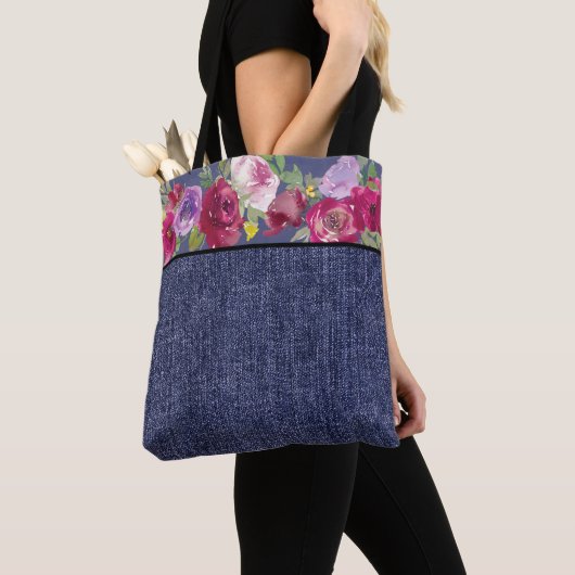 Waterverf van Bourgogne bloemen en denim Tote Bag (Dichtbij)