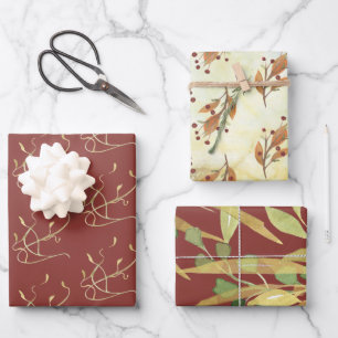 Waterverf van Bourgogne en Gold Foliage Inpakpapier Vel