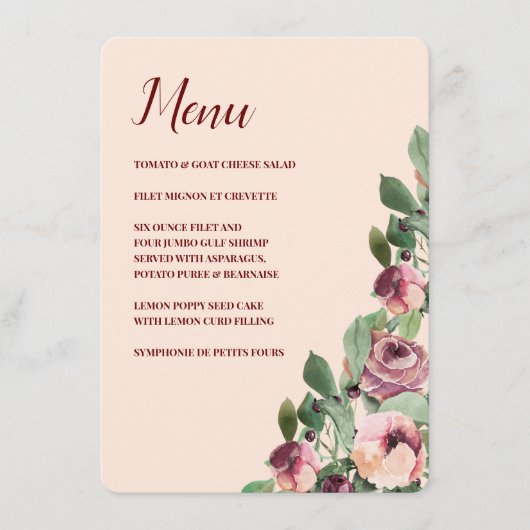Waterverf van Bourgogne en peach Floral Menu (Voorkant)