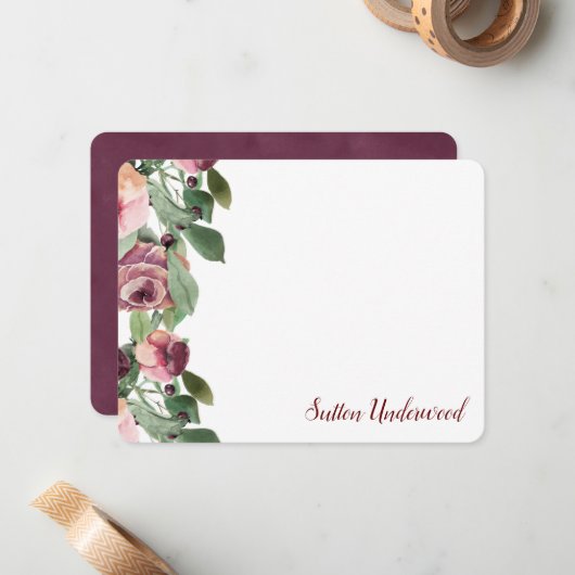 Waterverf van Bourgogne en peach Floral Notitiekaartje (Voorkant / Achterkant in situ)