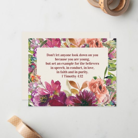 Waterverf van Bourgogne Floral Bible Verse Notitiekaartje (Voorkant / Achterkant in situ)