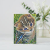 Waterverf van bruin Tabby Kitten en Dragonfly Briefkaart (Staand voorkant)