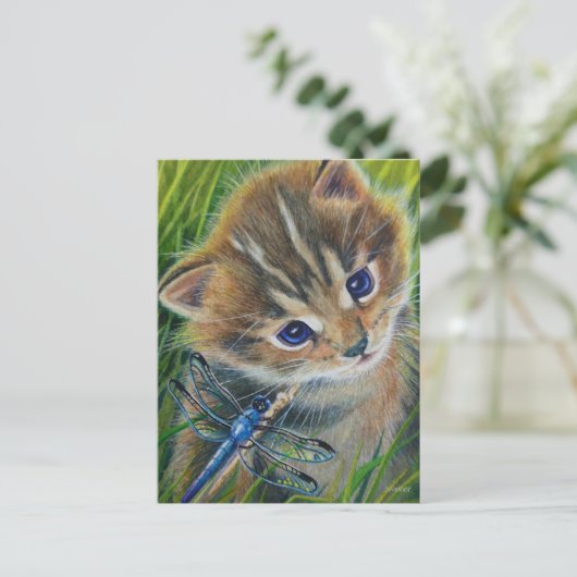 Waterverf van bruin Tabby Kitten en Dragonfly Briefkaart (Staand voorkant)