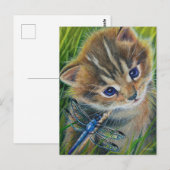 Waterverf van bruin Tabby Kitten en Dragonfly Briefkaart (Voorkant / Achterkant)