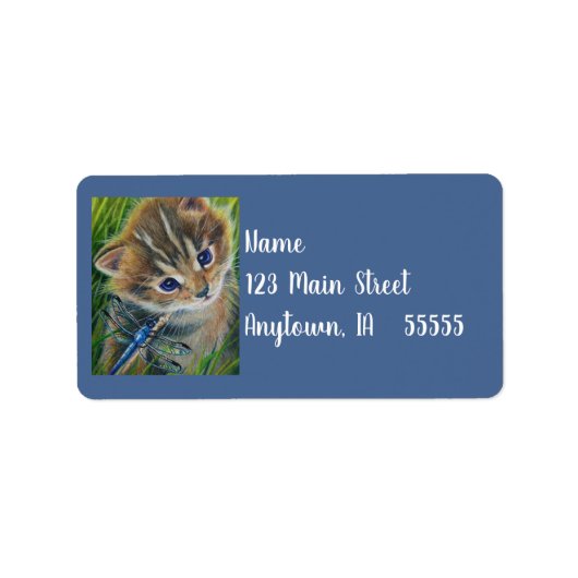 Waterverf van bruin Tabby Kitten en Dragonfly Etiket (Voorkant)