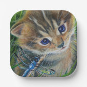 Waterverf van bruin Tabby Kitten en Dragonfly Papieren Bordje (Voorkant)