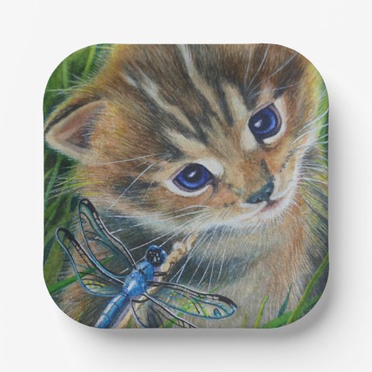 Waterverf van bruin Tabby Kitten en Dragonfly Papieren Bordje (Voorkant)