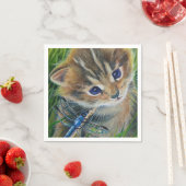 Waterverf van bruin Tabby Kitten en Dragonfly Servet (Insitu)