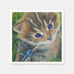 Waterverf van bruin Tabby Kitten en Dragonfly Servet