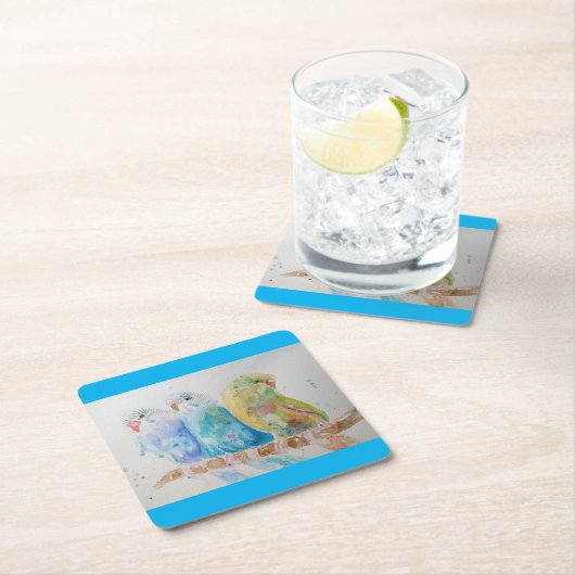 Waterverf van Budgie Schildervogel Cushion Aqua Bl Kartonnen Onderzetters (Insitu)