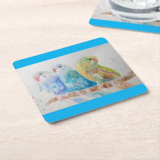 Waterverf van Budgie Schildervogel Cushion Aqua Bl Kartonnen Onderzetters (Schuin)