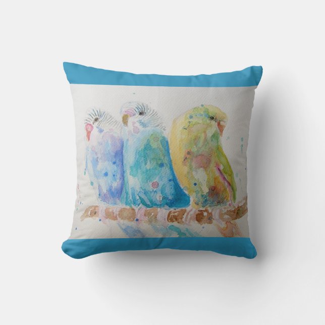 Waterverf van Budgie Schildervogel Cushion Aqua Bl Kussen (Voorkant)