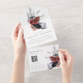 Waterverf van buitengaats zeilzeilzeilschip QR-cod All In One Uitnodiging (Afscheurbaar)