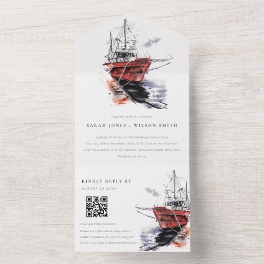 Waterverf van buitengaats zeilzeilzeilschip QR-cod All In One Uitnodiging (Binnen)