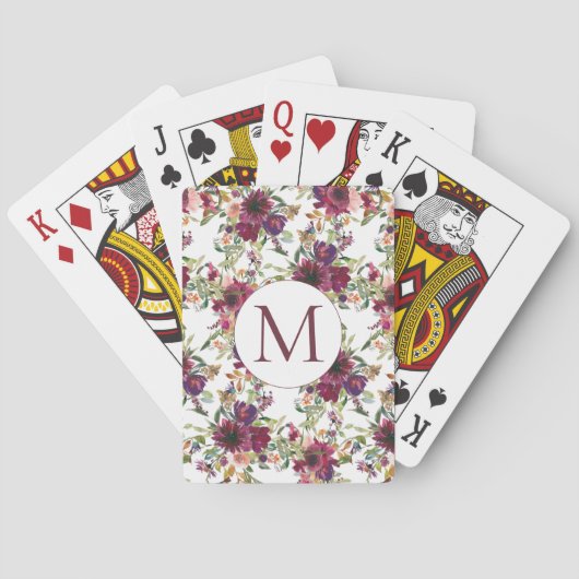 Waterverf van Burgundy Floral Monogram Initiaal Pokerkaarten (Achterkant)