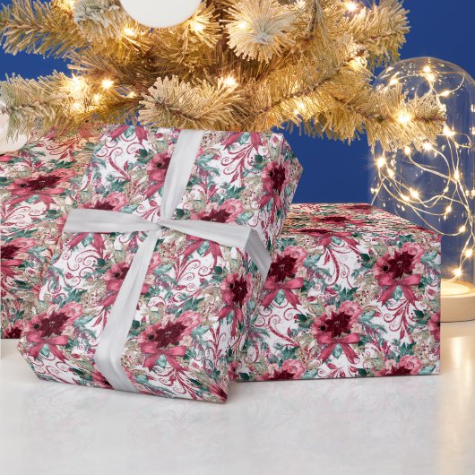 Waterverf van Burgundy Kerstmis Poinsettia - Verpa Cadeaupapier (Feestdagen)