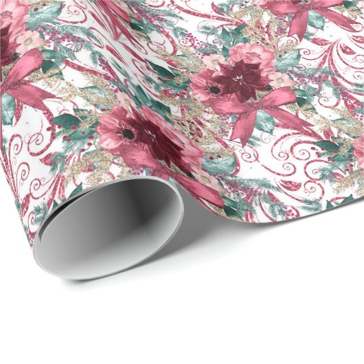 Waterverf van Burgundy Kerstmis Poinsettia - Verpa Cadeaupapier (Rol Hoek)