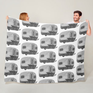Waterverf van Camper Trailer met  retro Fleece Deken