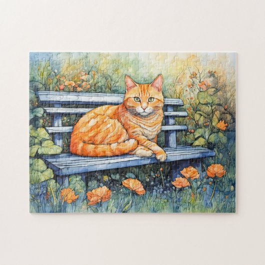 Waterverf van Cat on Bench in Flower Garden Legpuzzel (Horizontaal)